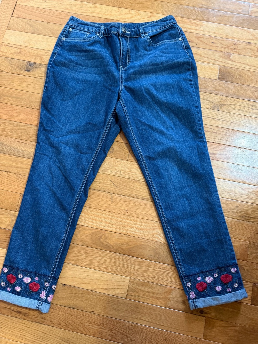 Christopher & Banks Dark Blue Cropped Jeans with Floral Embroidered Cuffs